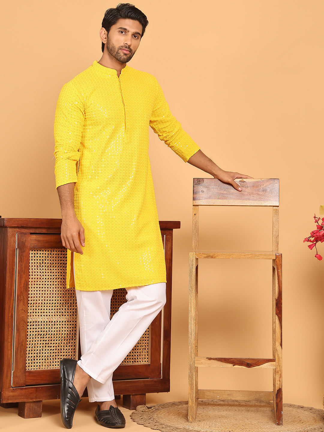 DesiQlo Men Embroidered Kurta Pyjama Set - Yellow - JOKP_P_5177Yellow_