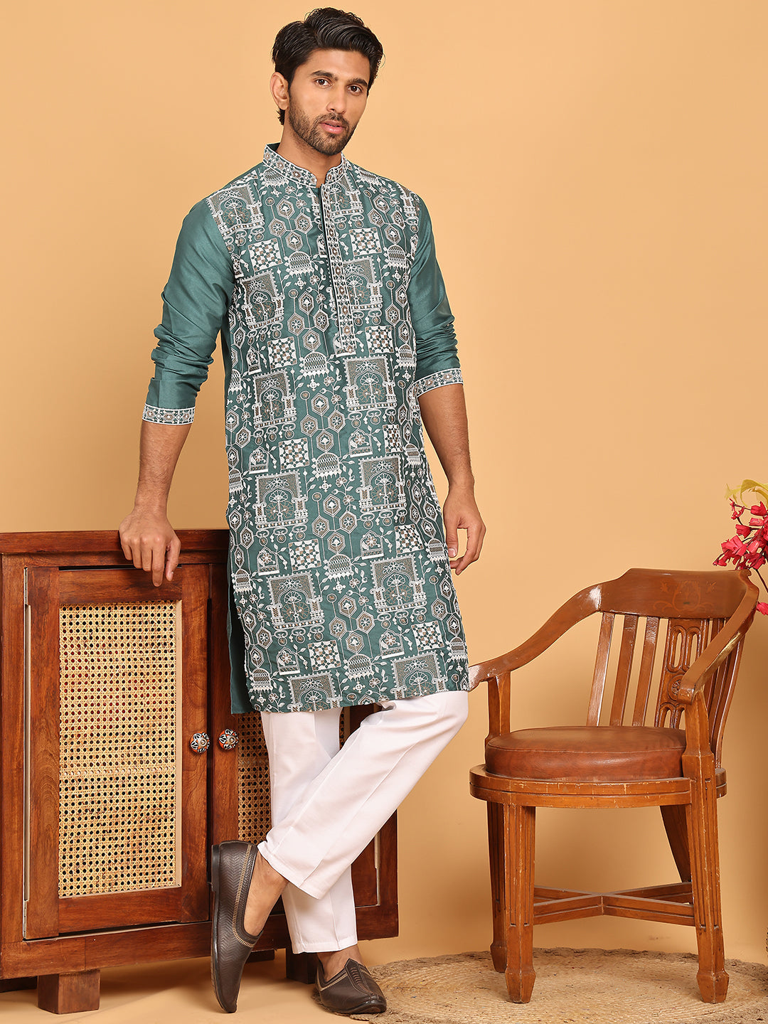 Embroidered Straight Kurta Set For Men ( JOKP P 5178 Green ) [FF] [J-2-3]