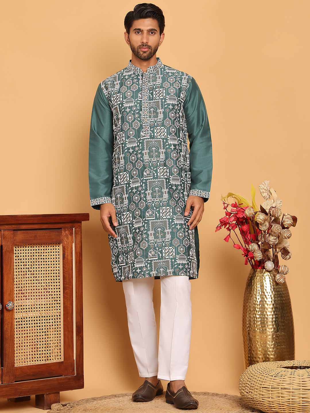 DesiQlo Men Embroidered Kurta Pyjama Set - Green - JOKP_P_5178Green_S