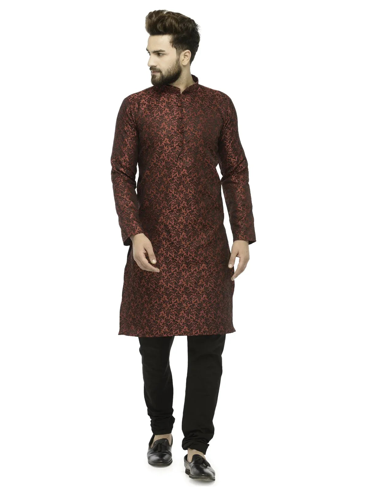 Men Maroon & Black Self Design Kurta with Churidar ( JOK 517 Maroon )-JOKP-517