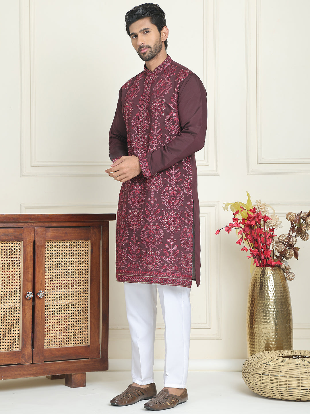 DesiQlo Men Embroidered Kurta Pyjama Set - Purple - JOKP_P_5180Purple_
