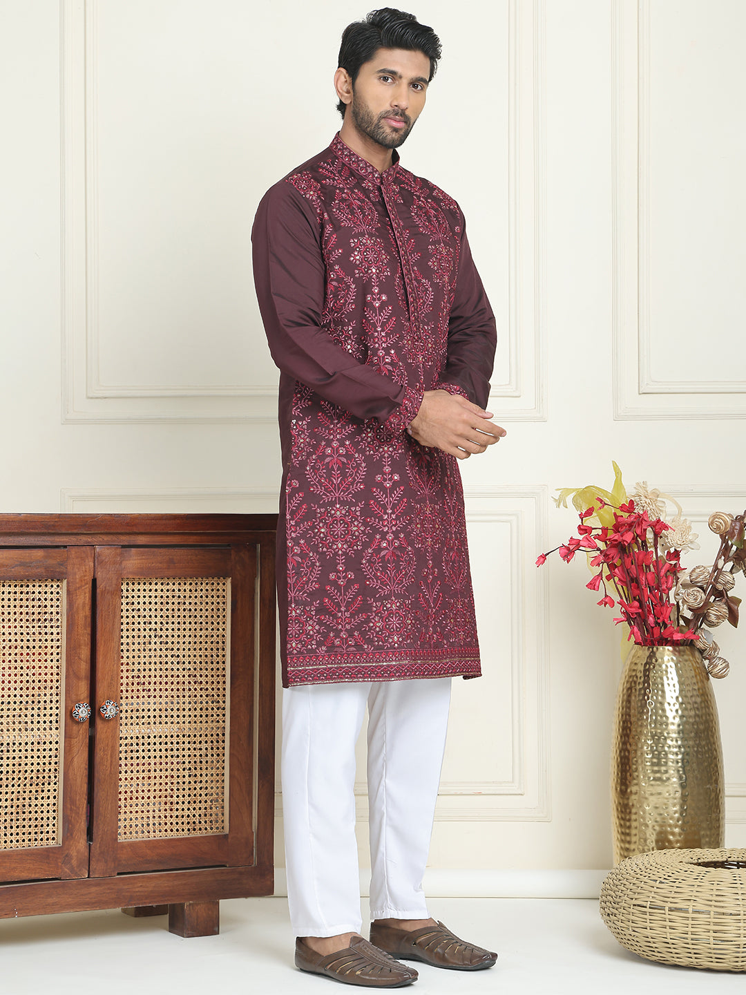 DesiQlo Men Embroidered Kurta Pyjama Set - Purple - JOKP_P_5180Purple_