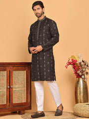 Men's Sequins Embroidered Kurta With Pyjama ( JOKP P 5183 Black ) [FF] [J-2-3]