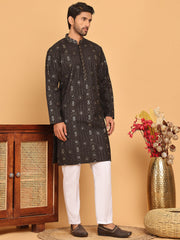 Men's Sequins Embroidered Kurta With Pyjama ( JOKP P 5183 Black ) [FF] [J-2-3]