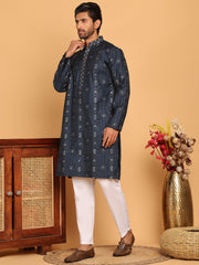 Men's Sequins Embroidered Kurta With Pyjama ( JOKP P 5183 Navy ) [FF] [J-2-3]