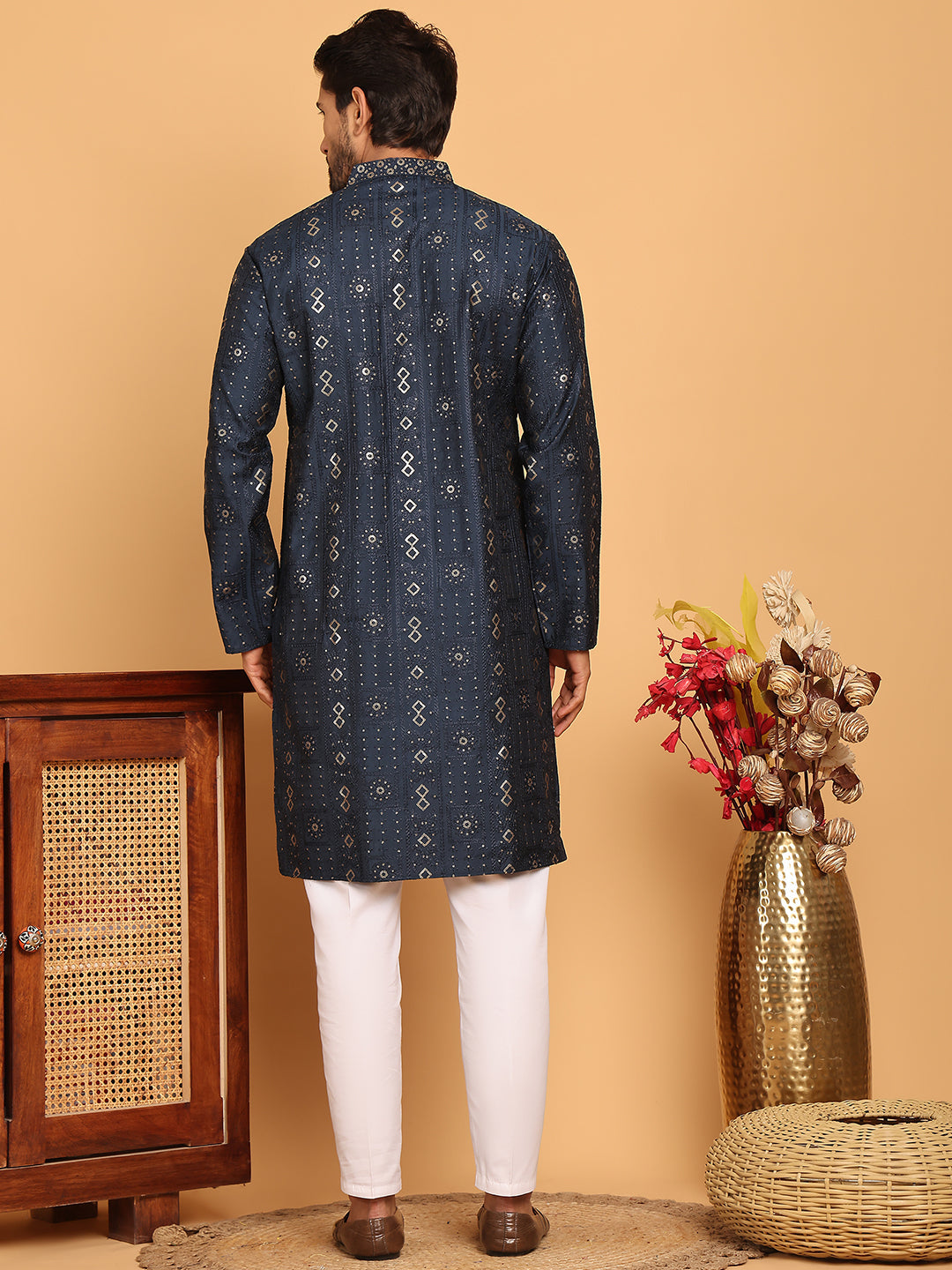 DesiQlo Men Embroidered Kurta Pyjama Set - Blue - JOKP_P_5183Navy_S