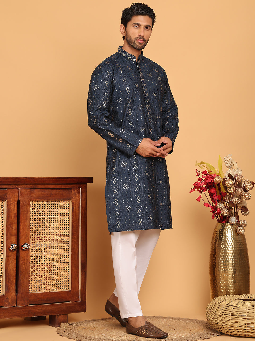 DesiQlo Men Embroidered Kurta Pyjama Set - Blue - JOKP_P_5183Navy_S