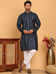 Men's Sequins Embroidered Kurta With Pyjama ( JOKP P 5183 Navy ) [FF] [J-2-3]