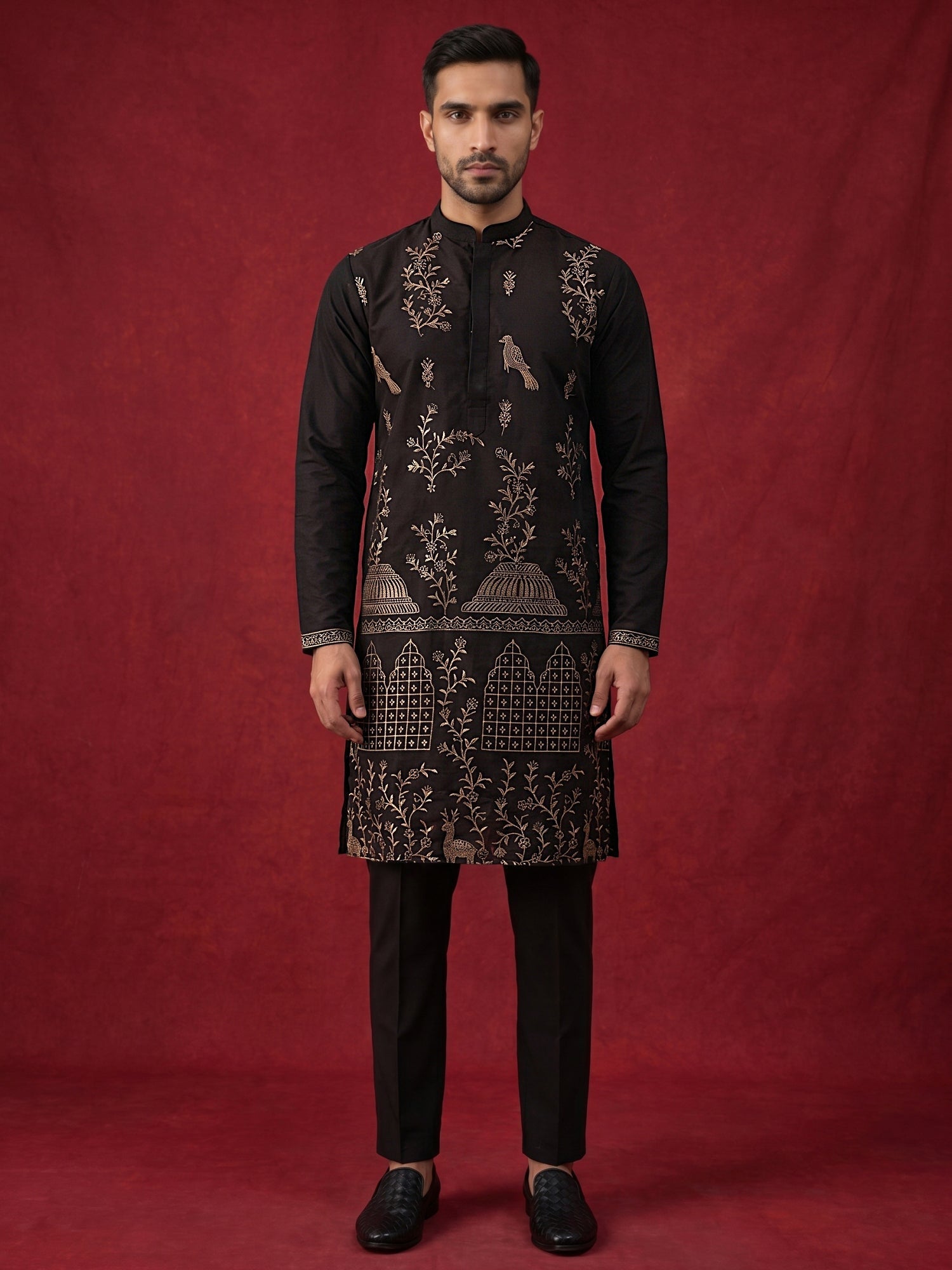 DesiQlo Men Embroidered Kurta Pyjama Set - Black - JOKP_B-P_5185Black_