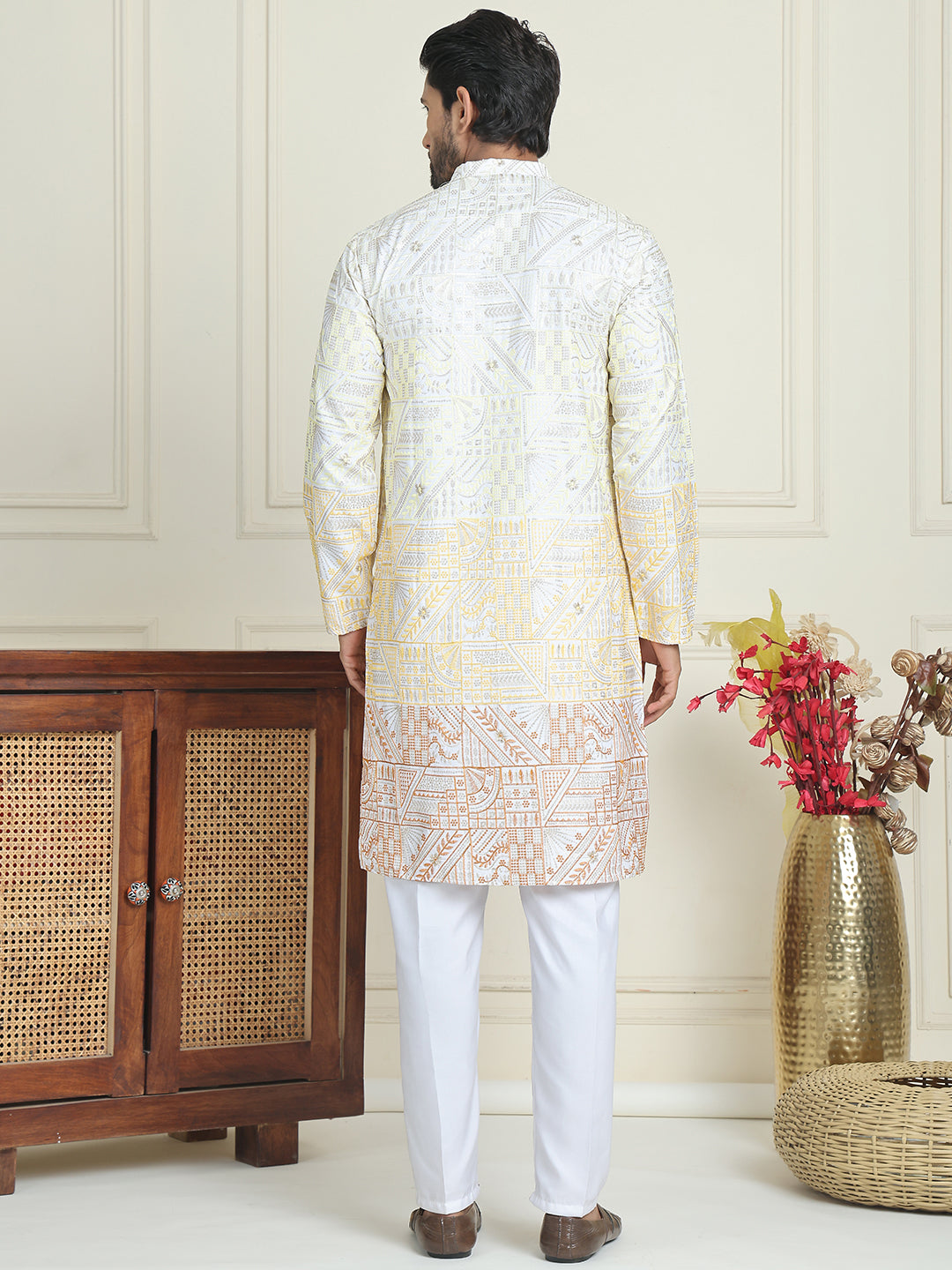 DesiQlo Men Embroidered Kurta Pyjama Set - Yellow - JOKP_P_5186Yellow_