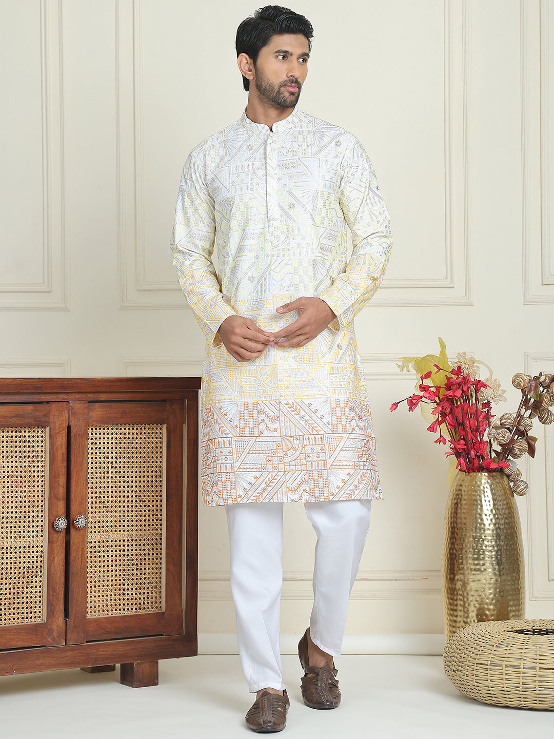 DesiQlo Men Embroidered Kurta Pyjama Set - Yellow - JOKP_P_5186Yellow_