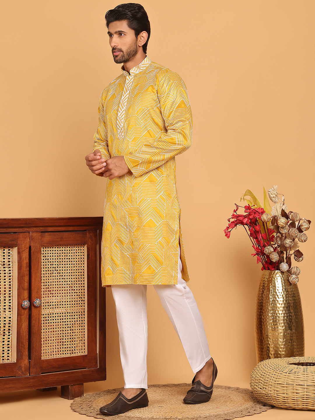 DesiQlo Men Embroidered Kurta Pyjama Set - Yellow - JOKP_P_5187Mustard