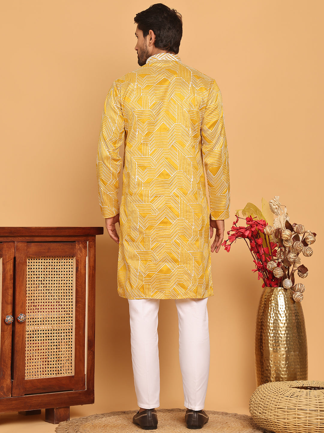 DesiQlo Men Embroidered Kurta Pyjama Set - Yellow - JOKP_P_5187Mustard