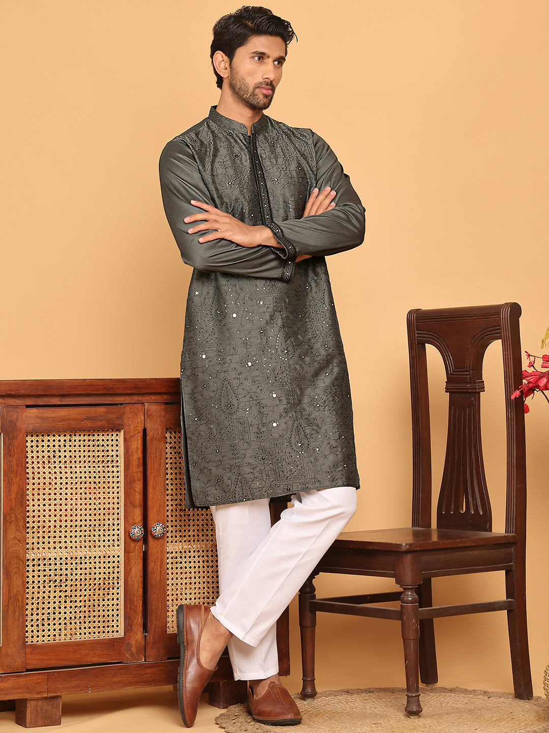 Sequins & Embroidered straight Kurta with Pyjamas ( JOKP P 5189 Grey ) [FF] [I-1-4]