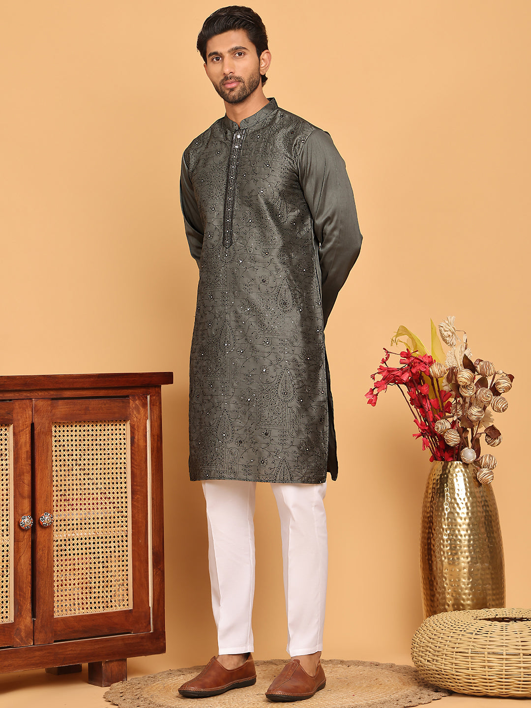 DesiQlo Men Embroidered Kurta Pyjama Set - Grey - JOKP_P_5189Grey_S
