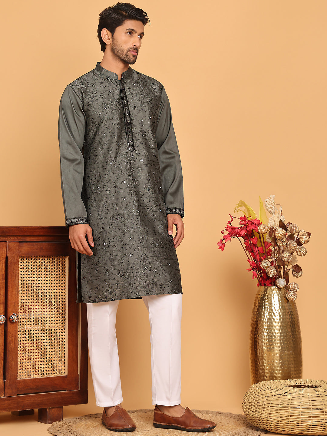 DesiQlo Men Embroidered Kurta Pyjama Set - Grey - JOKP_P_5189Grey_S