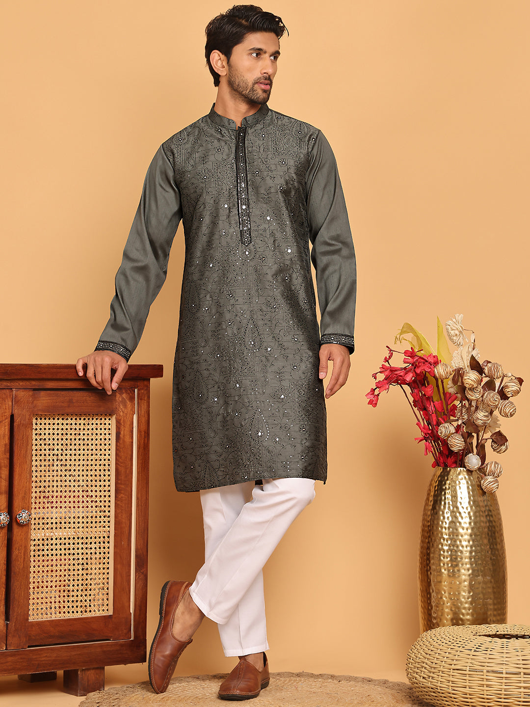 DesiQlo Men Embroidered Kurta Pyjama Set - Grey - JOKP_P_5189Grey_S