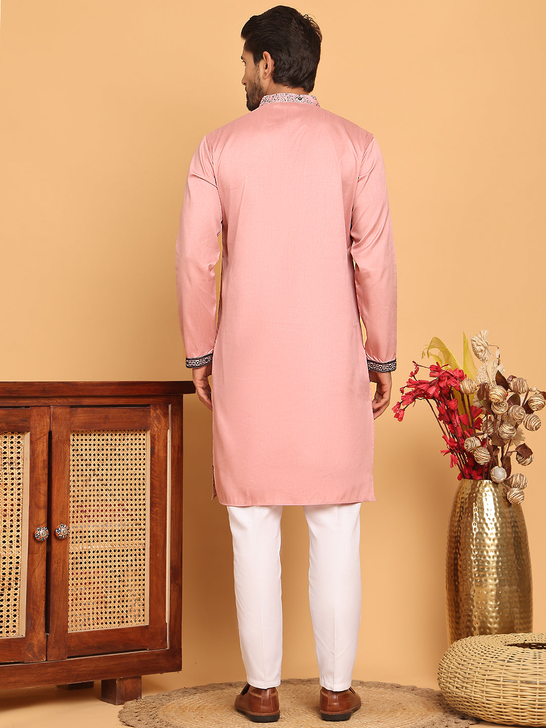 DesiQlo Men Embroidered Kurta Pyjama Set - Pink - JOKP_P_5189Magenta_S