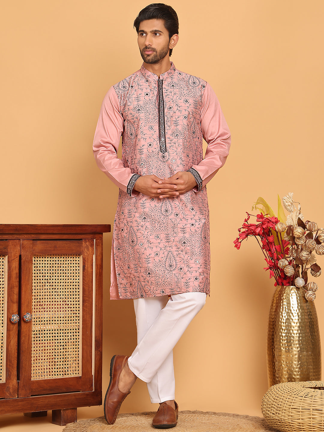 DesiQlo Men Embroidered Kurta Pyjama Set - Pink - JOKP_P_5189Magenta_S