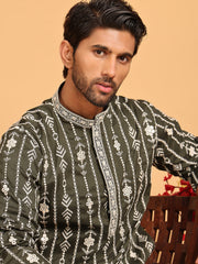 Embroidery and mirror work straight Kurta for Men ( KO 5190 Olive ) [FF] [I-1-4]