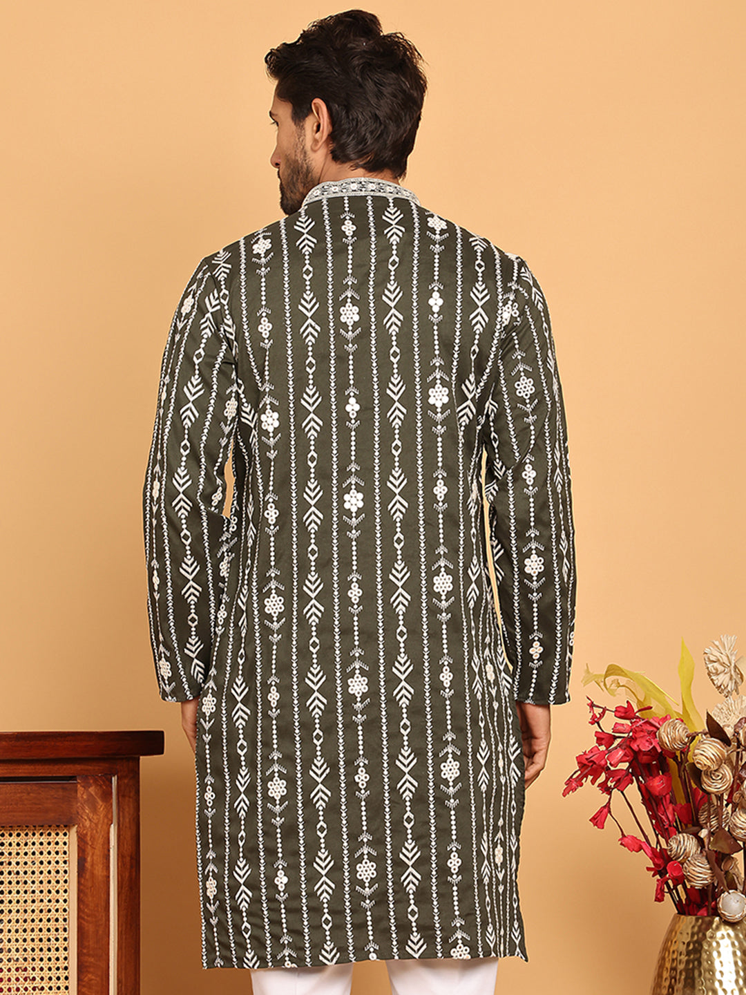 DesiQlo Men Embroidered Kurta Only - Green - KO_5190Olive_S