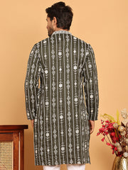 Embroidery and mirror work straight Kurta for Men ( KO 5190 Olive ) [FF] [I-1-4]