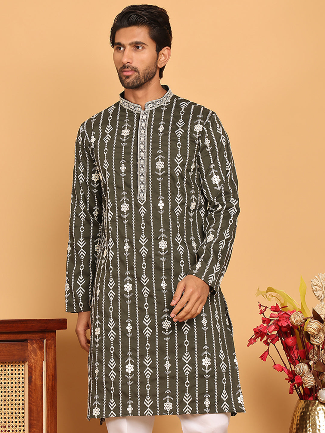 DesiQlo Men Embroidered Kurta Only - Green - KO_5190Olive_S