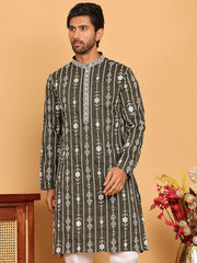 Embroidery and mirror work straight Kurta for Men ( KO 5190 Olive ) [FF] [I-1-4]