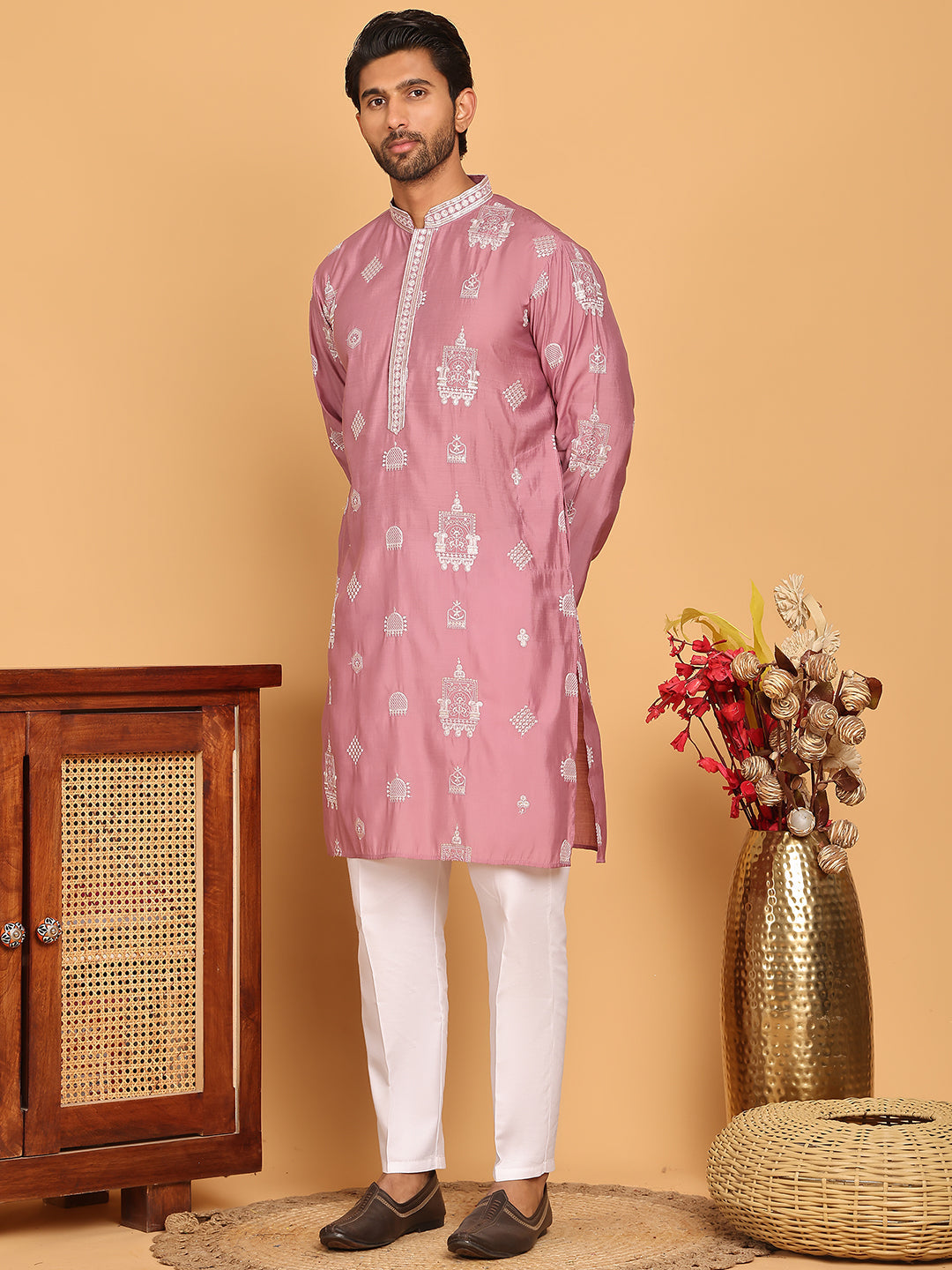 DesiQlo Men Embroidered Kurta Pyjama Set - Pink - JOKP_P_5191Magenta_S