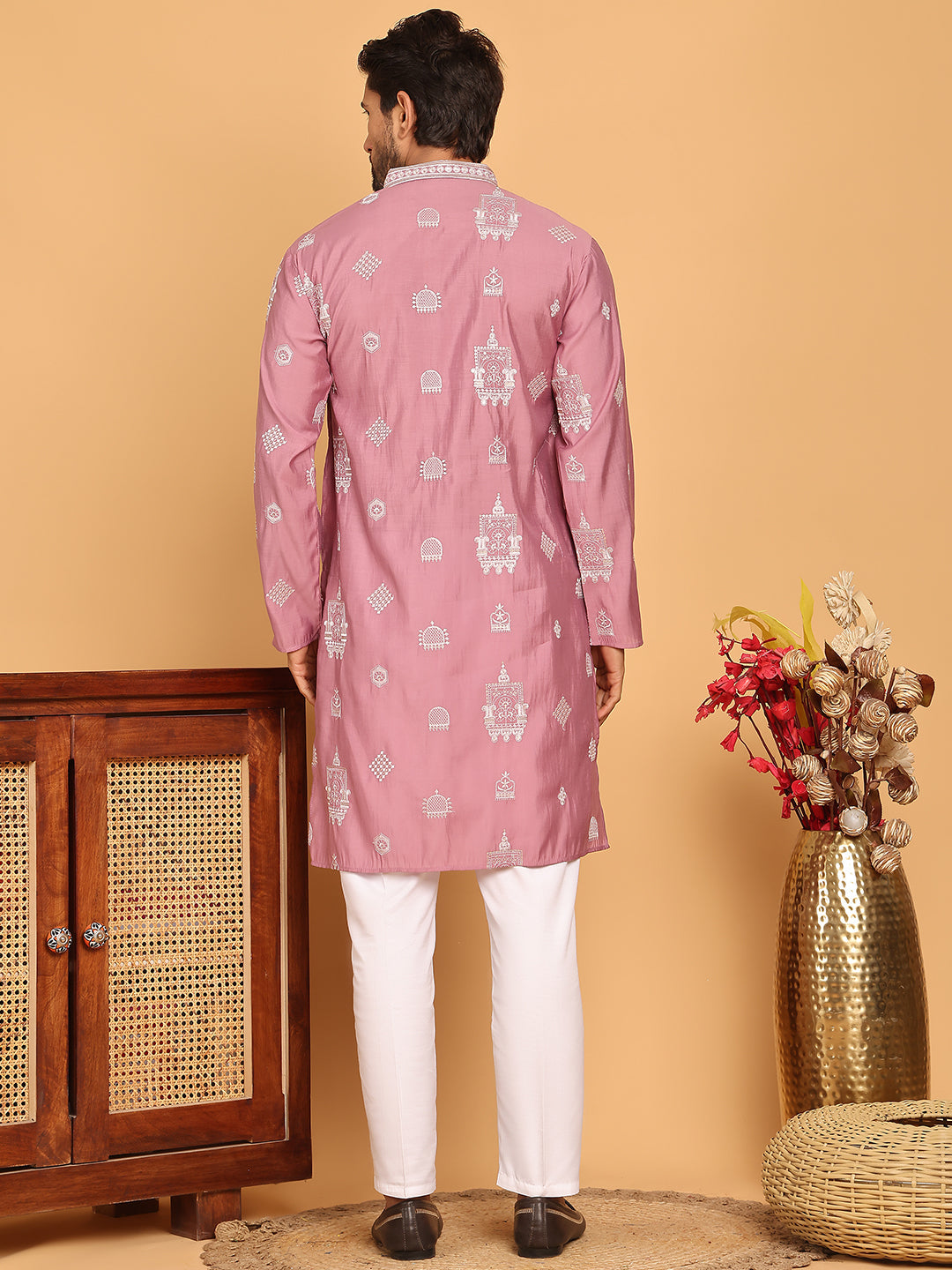 DesiQlo Men Embroidered Kurta Pyjama Set - Pink - JOKP_P_5191Magenta_S