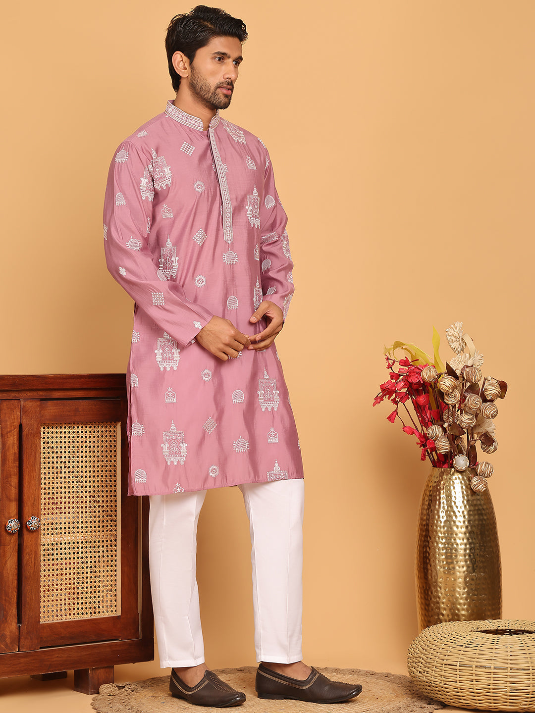 DesiQlo Men Embroidered Kurta Pyjama Set - Pink - JOKP_P_5191Magenta_S