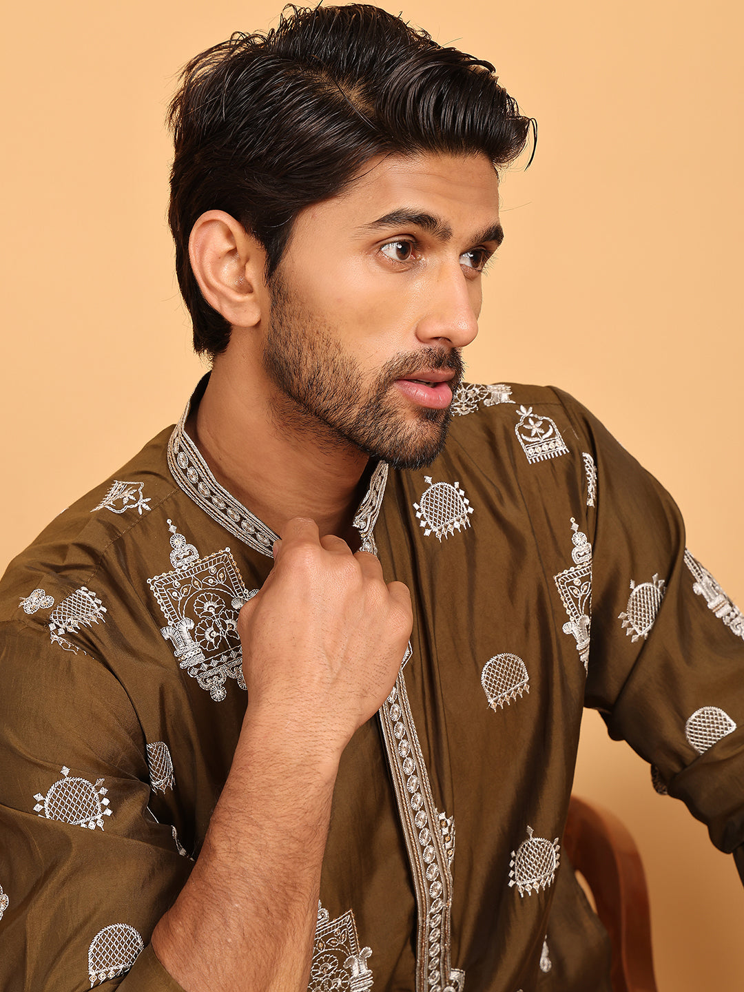 Embroidered Silk Blend Kurta Pyjama Set ( JOKP P 5191 Mehndi ) [FF] [Q-19]