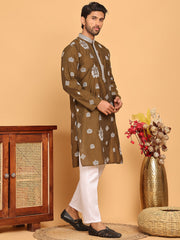 Embroidered Silk Blend Kurta Pyjama Set ( JOKP P 5191 Mehndi ) [FF] [Q-19]