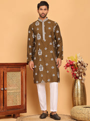 Embroidered Silk Blend Kurta Pyjama Set ( JOKP P 5191 Mehndi ) [FF] [Q-19]