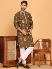 Embroidered Silk Blend Kurta Pyjama Set ( JOKP P 5191 Mehndi ) [FF] [Q-19]