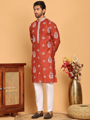 Embroidered Silk Blend Kurta Pyjama Set ( JOKP P 5191 Rust ) [FF] [Q-19]