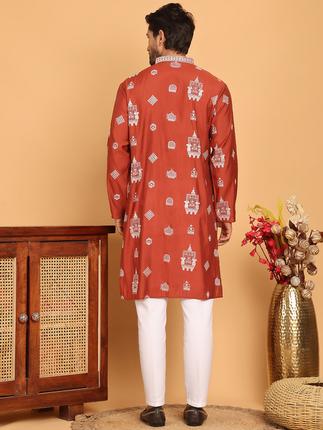 DesiQlo Men Embroidered Kurta Pyjama Set - Red - JOKP_P_5191Rust_S