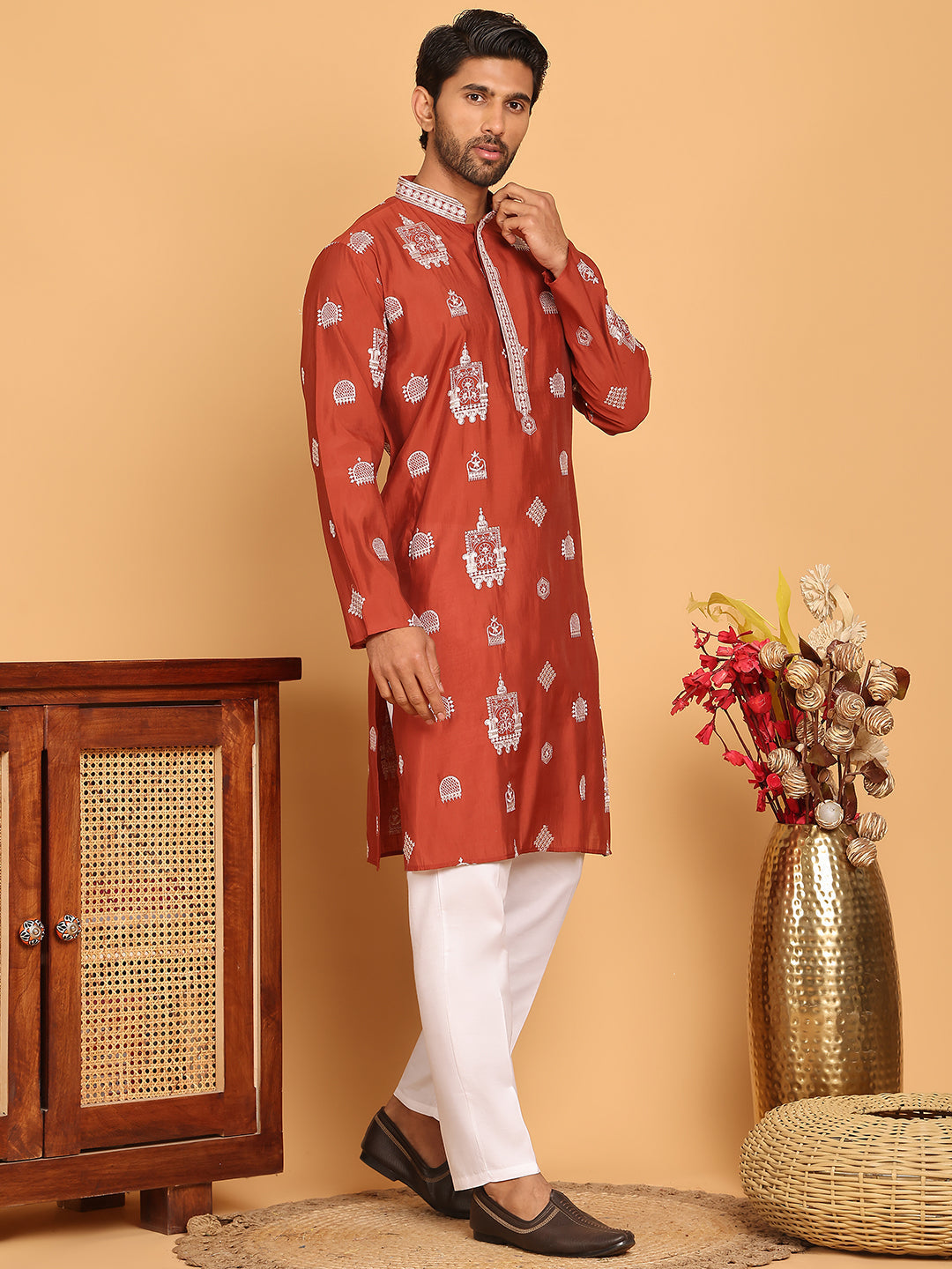 DesiQlo Men Embroidered Kurta Pyjama Set - Red - JOKP_P_5191Rust_S
