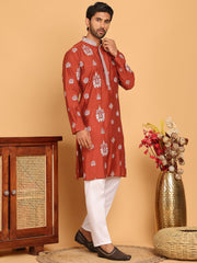 Embroidered Silk Blend Kurta Pyjama Set ( JOKP P 5191 Rust ) [FF] [Q-19]
