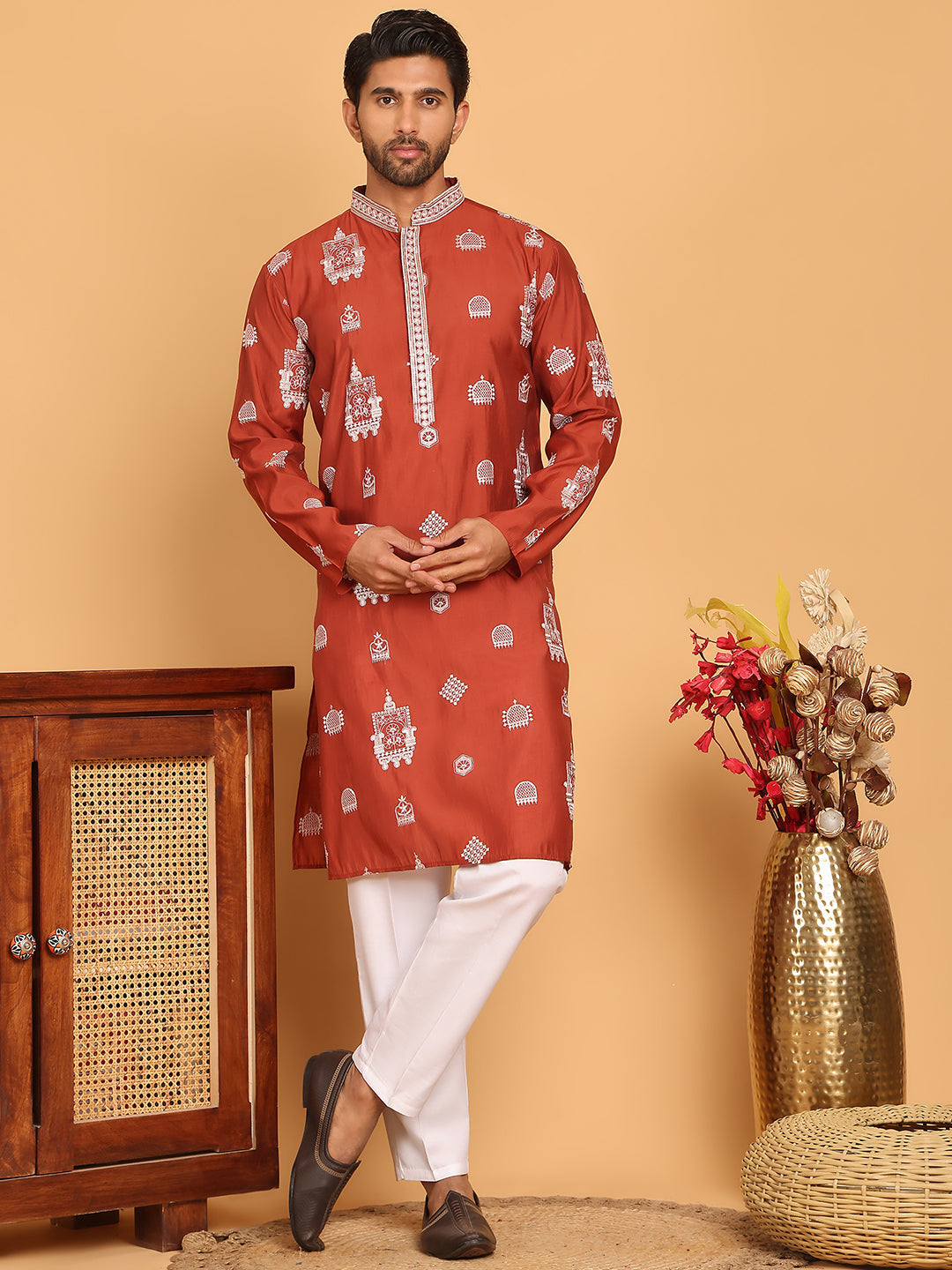 DesiQlo Men Embroidered Kurta Pyjama Set - Red - JOKP_P_5191Rust_S