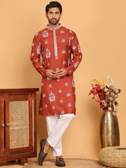 Embroidered Silk Blend Kurta Pyjama Set ( JOKP P 5191 Rust ) [FF] [Q-19]