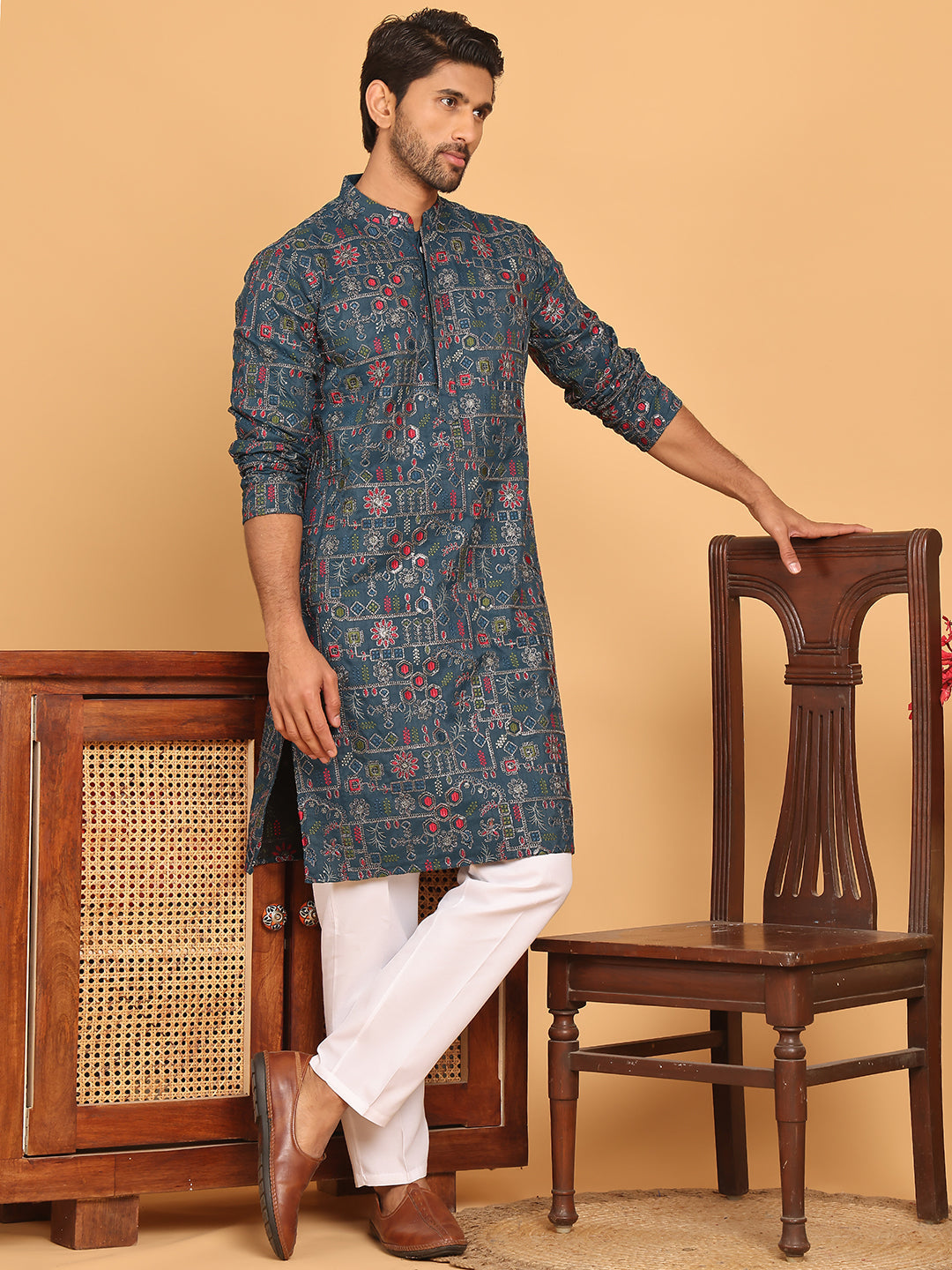 Blue Embroidered Straight Kurta Set For Men ( JOKP P 5192 Teal ) [FF] [ D9 & D10 ]