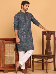 Blue Embroidered Straight Kurta Set For Men ( JOKP P 5192 Teal ) [FF] [ D9 & D10 ]