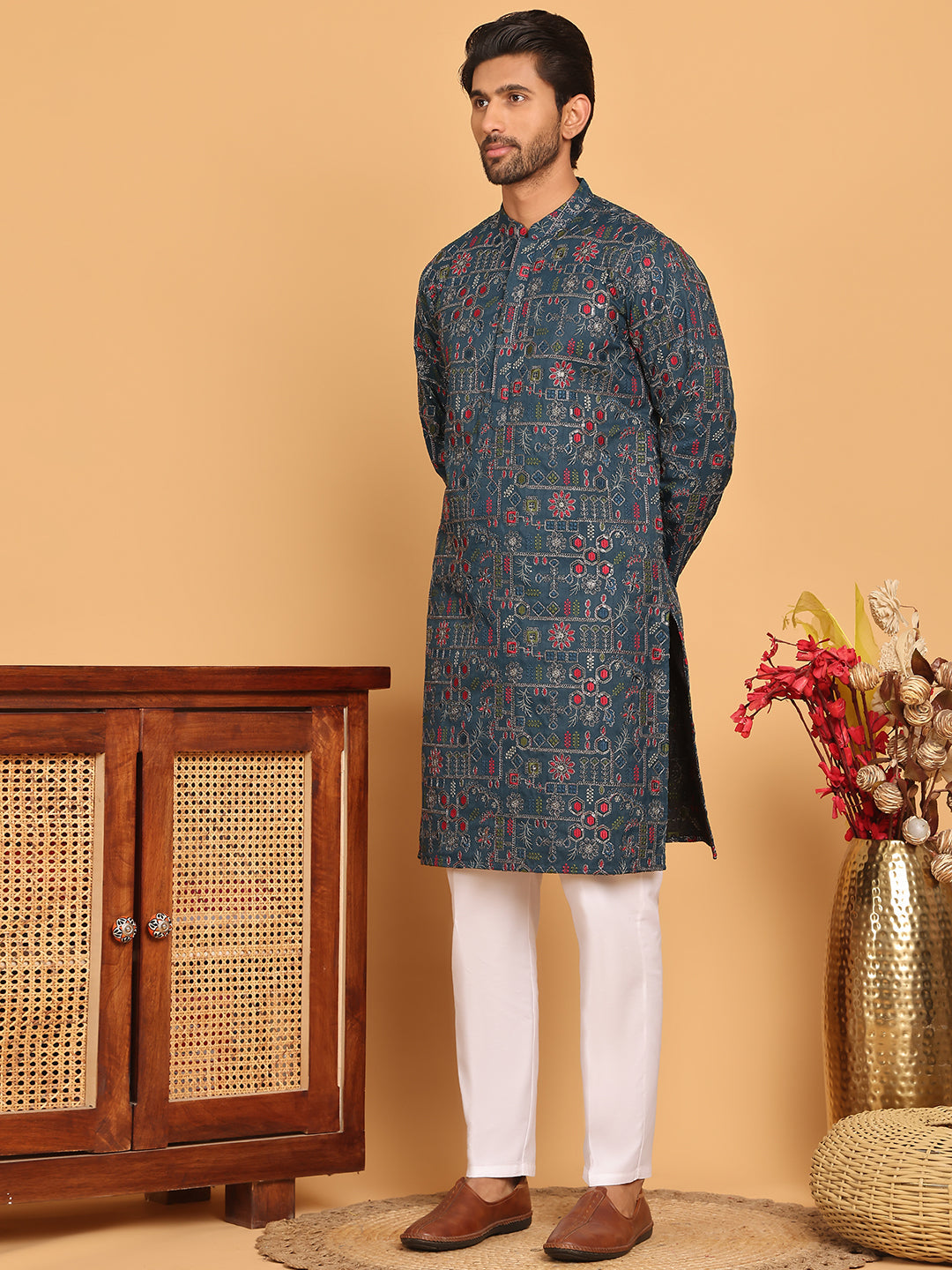 DesiQlo Men Embroidered Kurta Pyjama Set - Green - JOKP_P_5192Teal_S