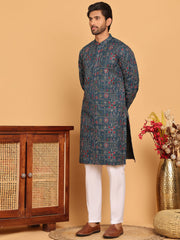 Blue Embroidered Straight Kurta Set For Men ( JOKP P 5192 Teal ) [FF] [ D9 & D10 ]