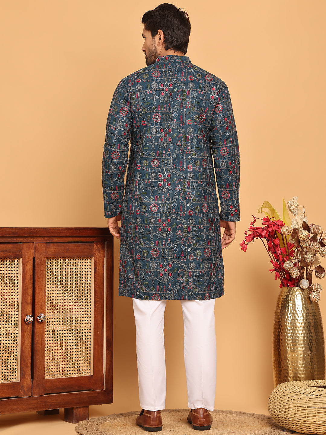 DesiQlo Men Embroidered Kurta Pyjama Set - Green - JOKP_P_5192Teal_S