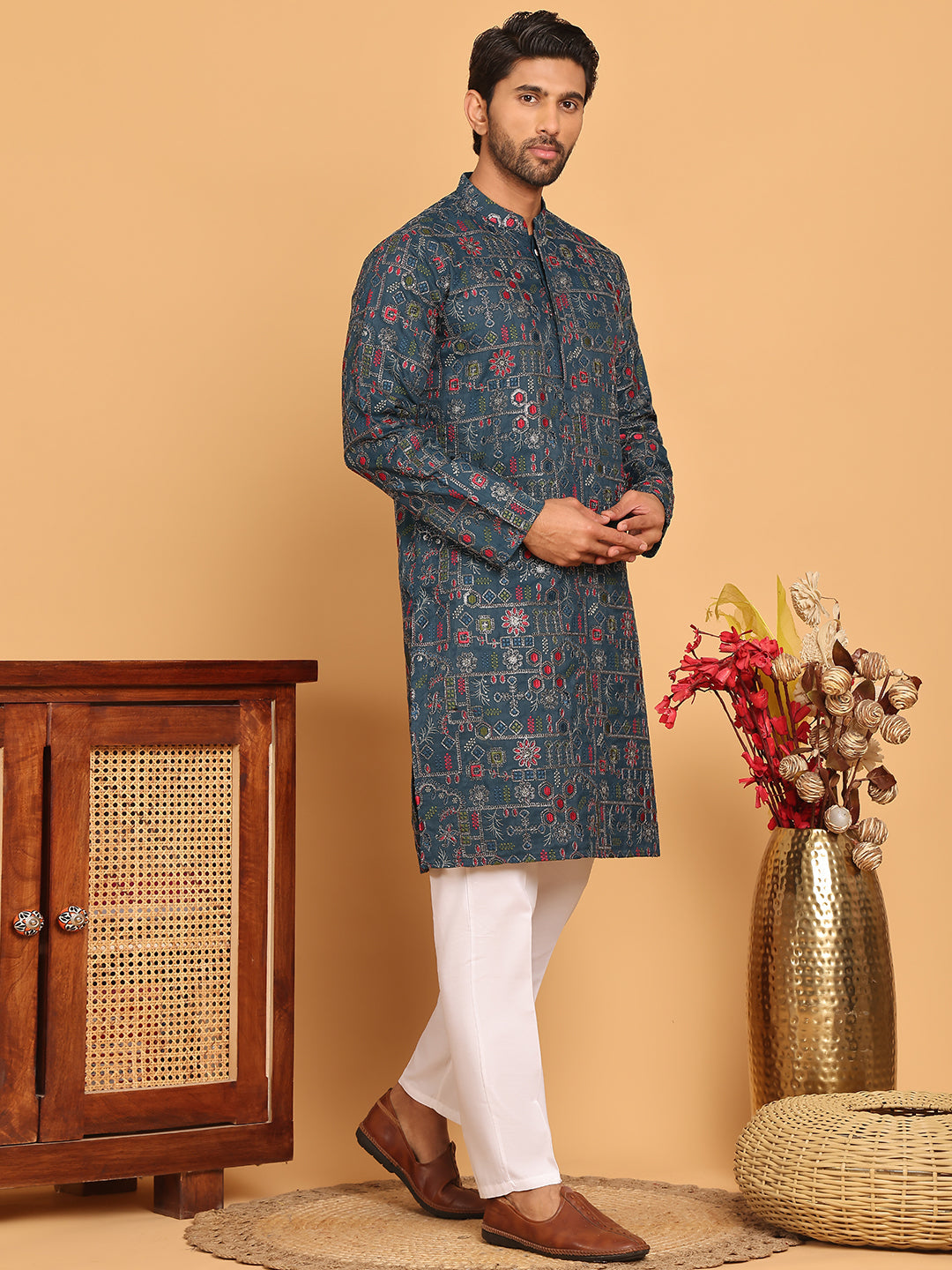 DesiQlo Men Embroidered Kurta Pyjama Set - Green - JOKP_P_5192Teal_S