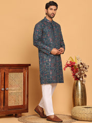 Blue Embroidered Straight Kurta Set For Men ( JOKP P 5192 Teal ) [FF] [ D9 & D10 ]