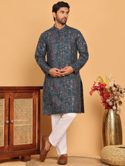 Blue Embroidered Straight Kurta Set For Men ( JOKP P 5192 Teal ) [FF] [ D9 & D10 ]