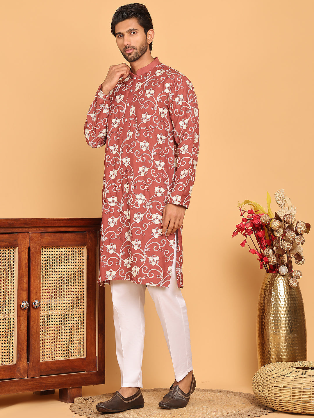 DesiQlo Men Embroidered Kurta Pyjama Set - Red - JOKP_P_5193Rust_S